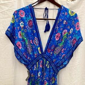 NWT R.Vivimos Peacock Floral Maxi Deep V Batwing To Resortwear EuroVaca Beach M